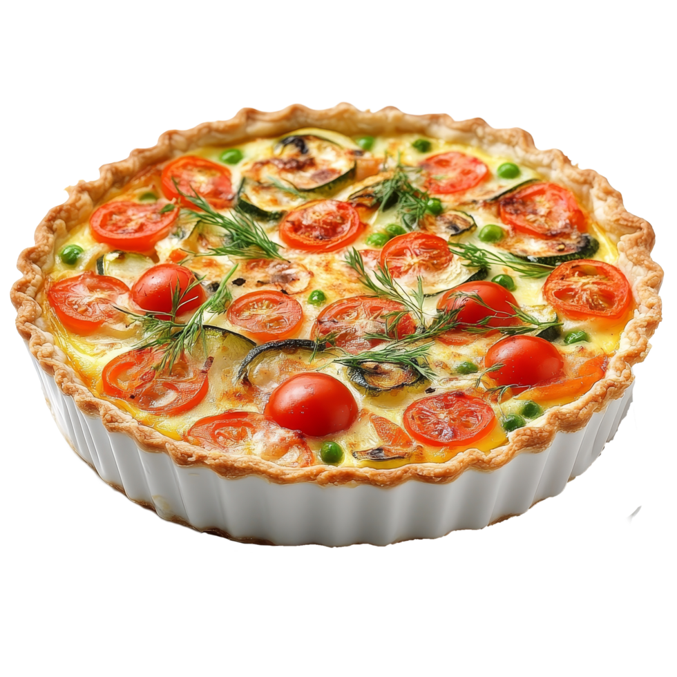 Delicious vegetable quiche featuring fresh tomatoes and peas on a transparent background, Delicious Vegetable Quiche lorraine transparent background png