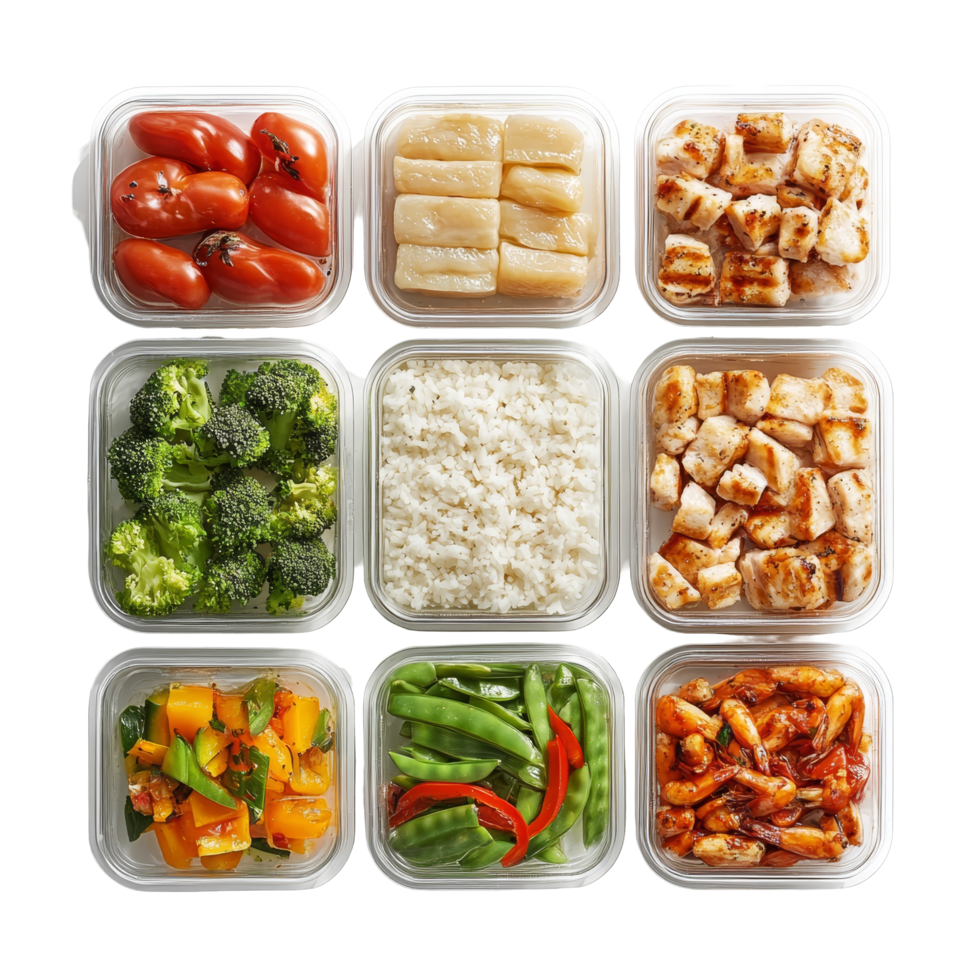 Colorful meal prep arrangement with various healthy ingredients and containers on a light background, meal prep, file of isolated object with shadow on transparent background png