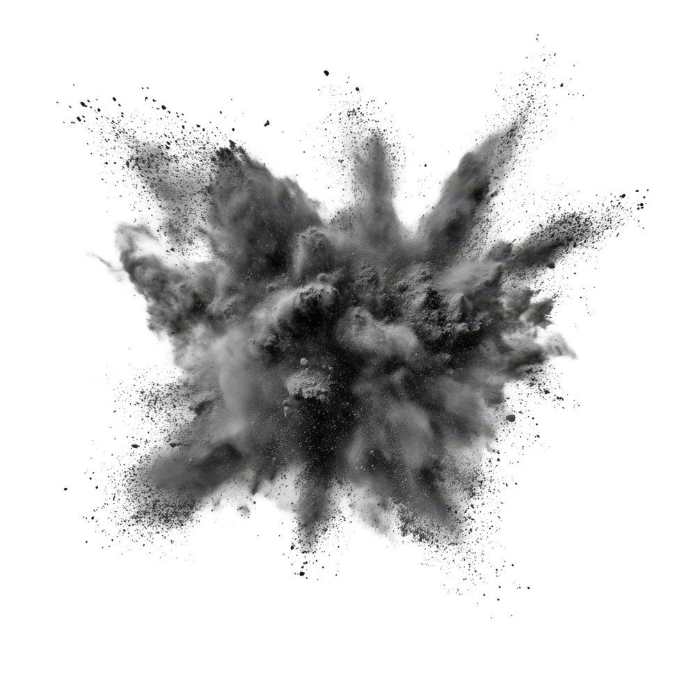 Grey powder explosion isolated on transparent background creating dynamic and dramatic visual effects for design, grey color powder pulver explosion isolated on transparent background png