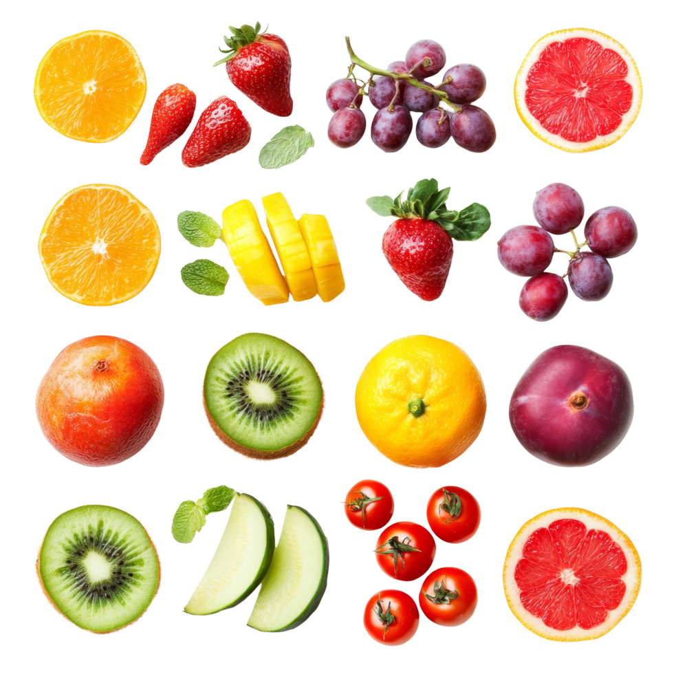 A vibrant assortment of fresh fruits and vegetables arranged on a clean transparent background for healthy eating inspiration, fruit vegetable on transparent background png