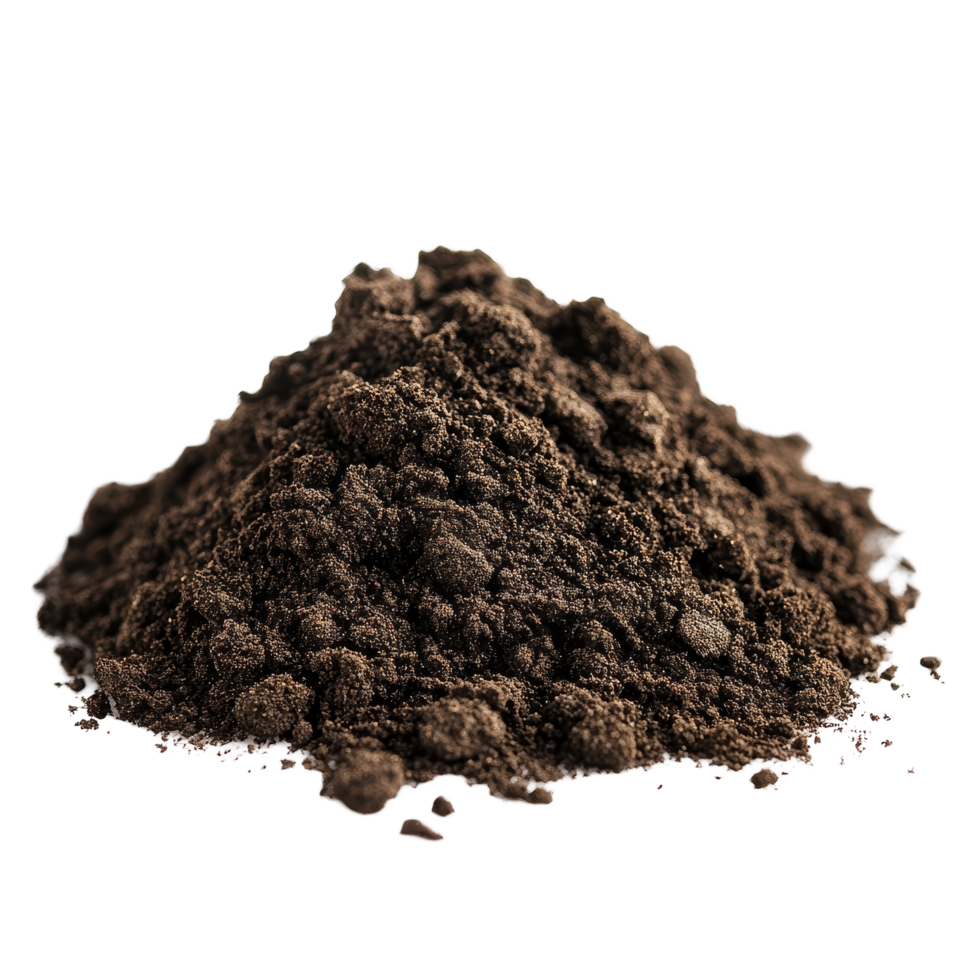 A closeup view of rich, dark soil isolated on a transparent background showcases its texture and quality, soil isolated on transparent background png