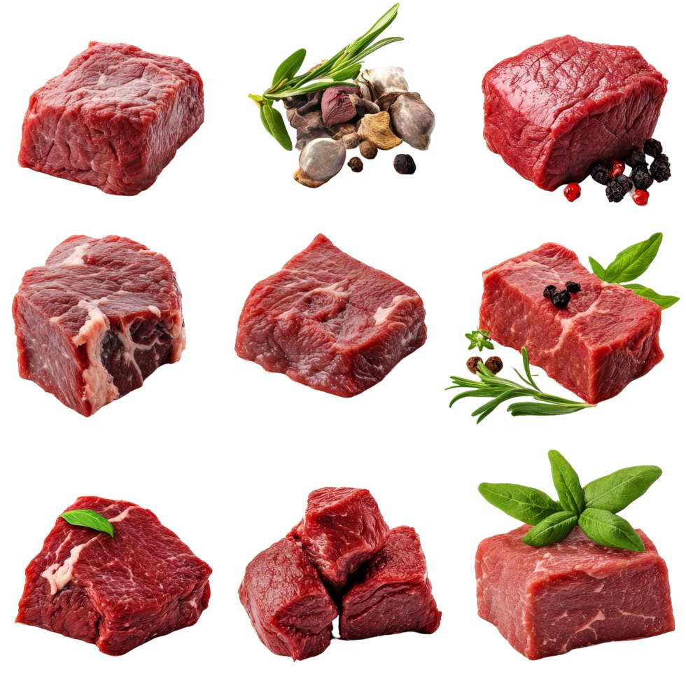 Collage of various raw beef meat pieces arranged artistically with herbs for culinary inspiration, Collage of isolated raw beef meat pieces png