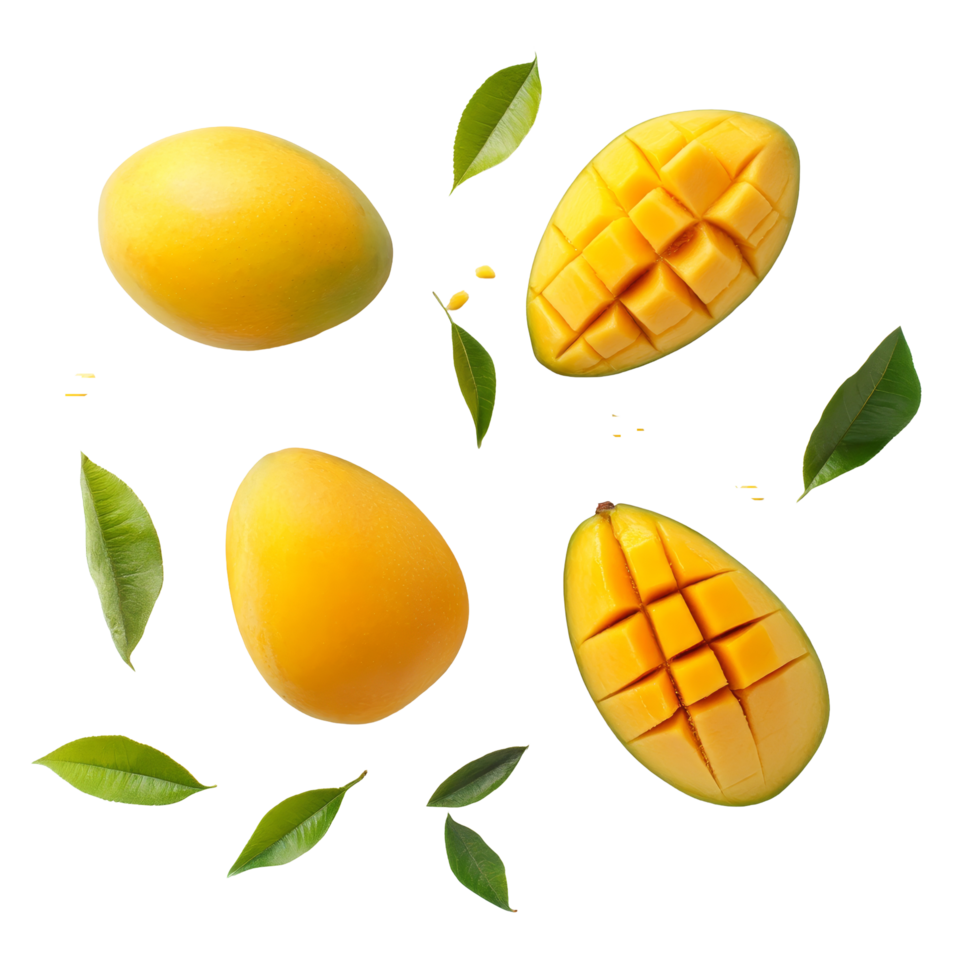 Fresh organic mangoes and sliced mango on a bright transparent background with green leaves, Fresh organic mango on a transparent background png