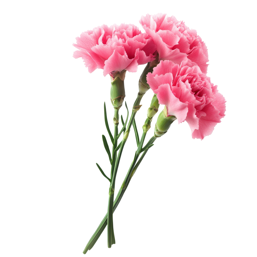 Beautiful pink carnation flowers isolated on a transparent background showcasing delicate petals and green stems, Carnation flowers isolated on transparent background cutout png