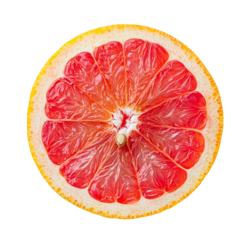 Ripe pink grapefruit slice showcasing fresh citrus fruit on a clean transparent background for culinary inspiration, Ripe slice of pink grapefruit citrus fruit on transparent background png