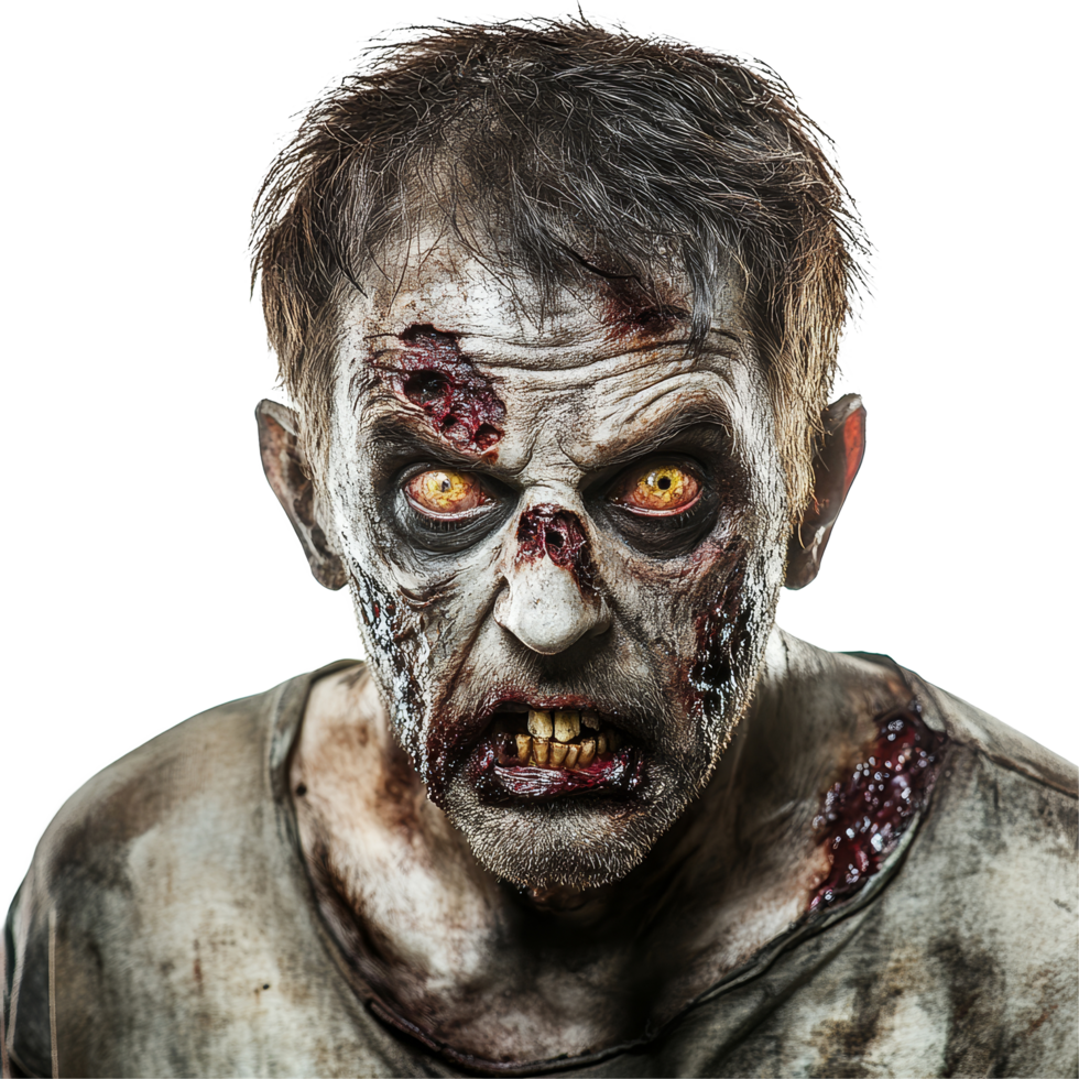 A terrifying zombie with glowing eyes stares directly at the camera against a stark transparent background, Terrifying zombie facing the camera on transparent background png