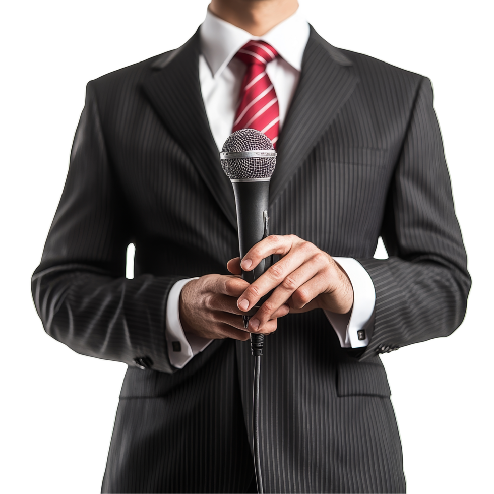 Confident businessman speaks at a conference, holding a microphone with focus and determination, Confident Businessman at a conference Speaker with Microphone Isolated on transparent background png