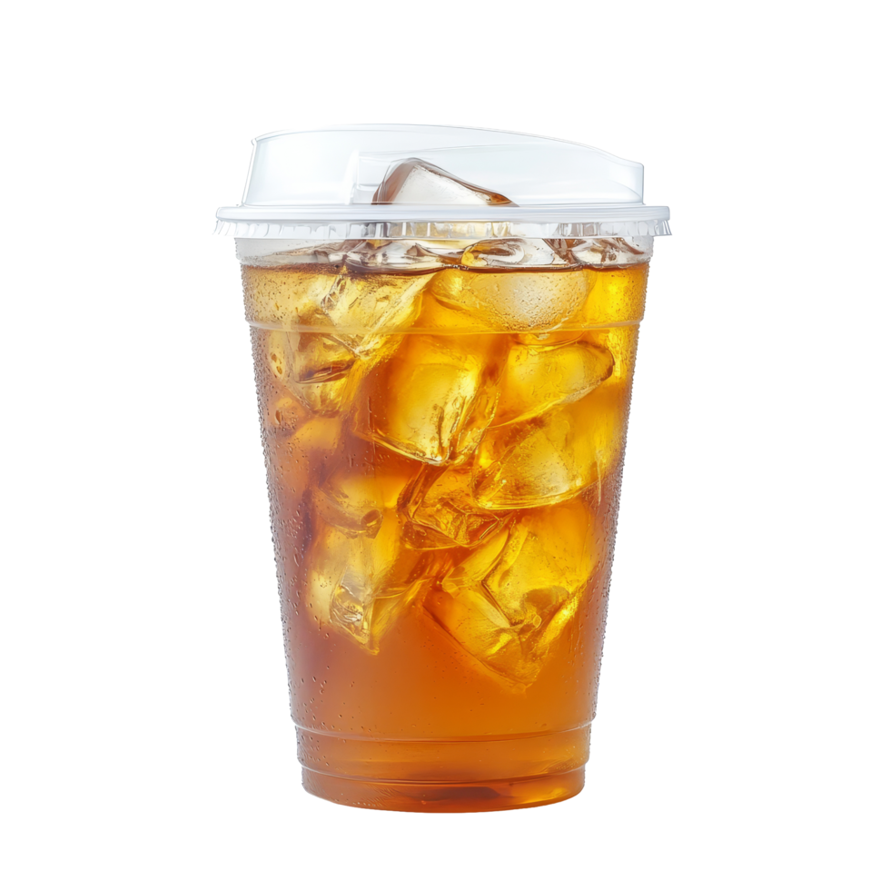 Refreshing iced tea in a clear plastic cup with a lid and ice, perfect for a hot day, ice tea in plastic cup with cap isolated on transparent background png