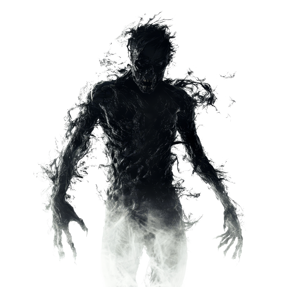 Terrifying zombie horror figure emerges with dark, swirling energy on a transparent background, Dread Unleashed Scary Zombie Horror Concept on transparent background png