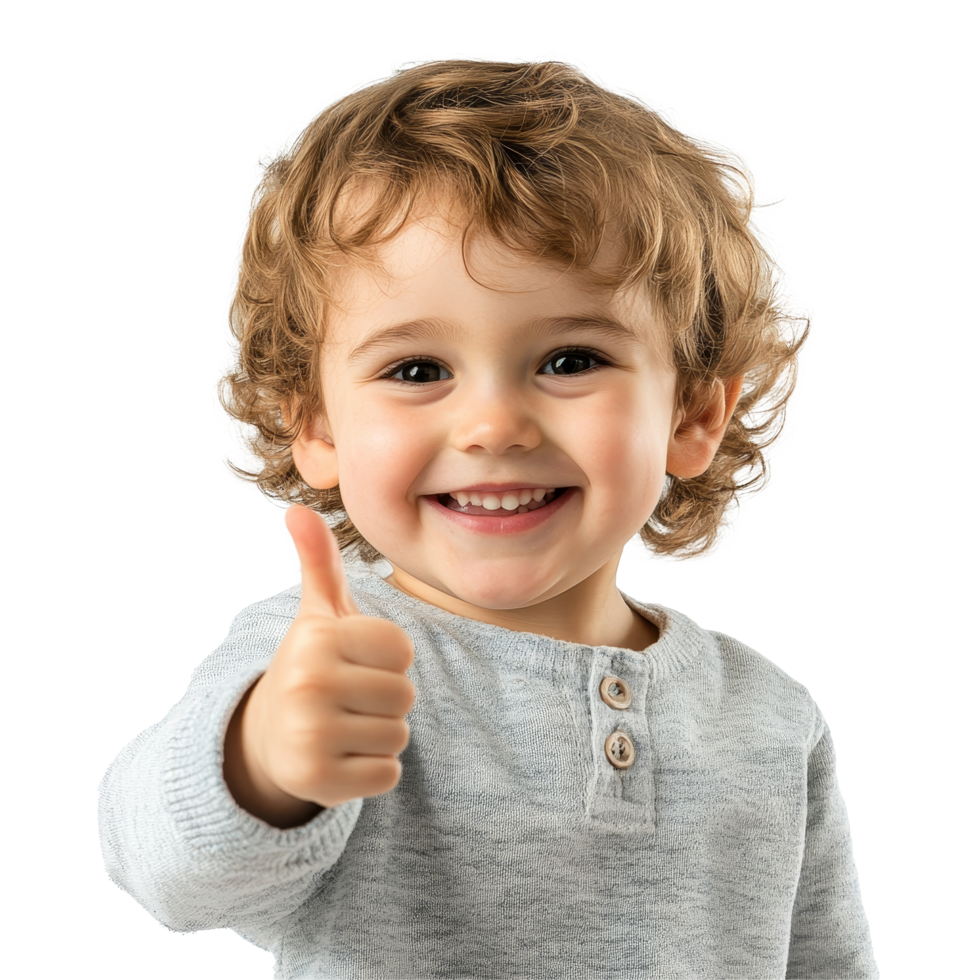 Joyful child giving a thumbs up while smiling warmly against a neutral background indoors, Happy child giving a thumbs up to the camera, transparent background png