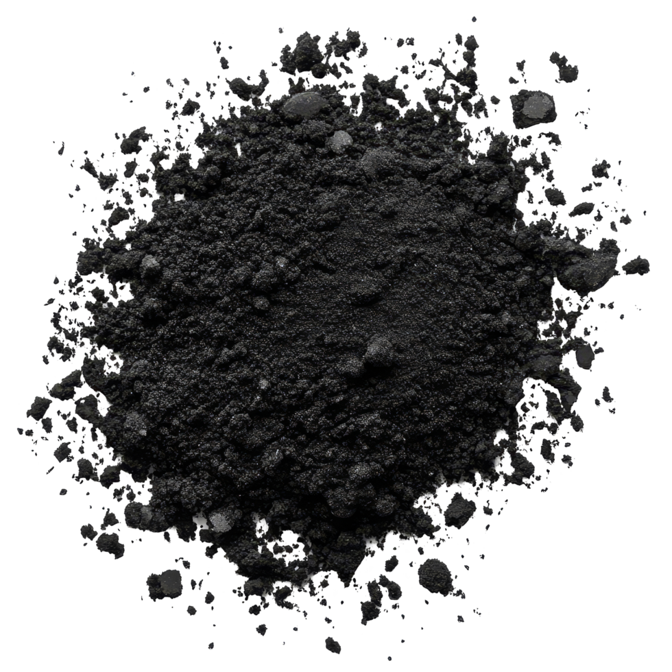 Black grainy texture of old surface resembling powdered transparent in natural lighting, black grainy texture of old surface or powder isolated on transparent background png