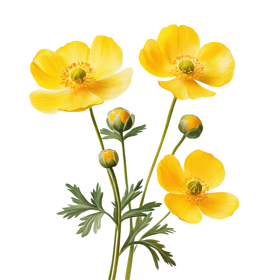 Buttercup flowers in vibrant yellow shades with delicate petals and green stems against a clean transparent background, Buttercup flowers isolated on transparent background png