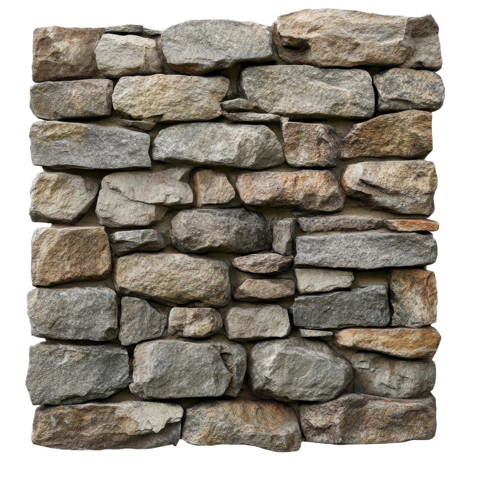 Natural stone wall isolated against a transparent background showcasing rustic texture and varying stone shapes, Stone Wall Isolated on transparent background png