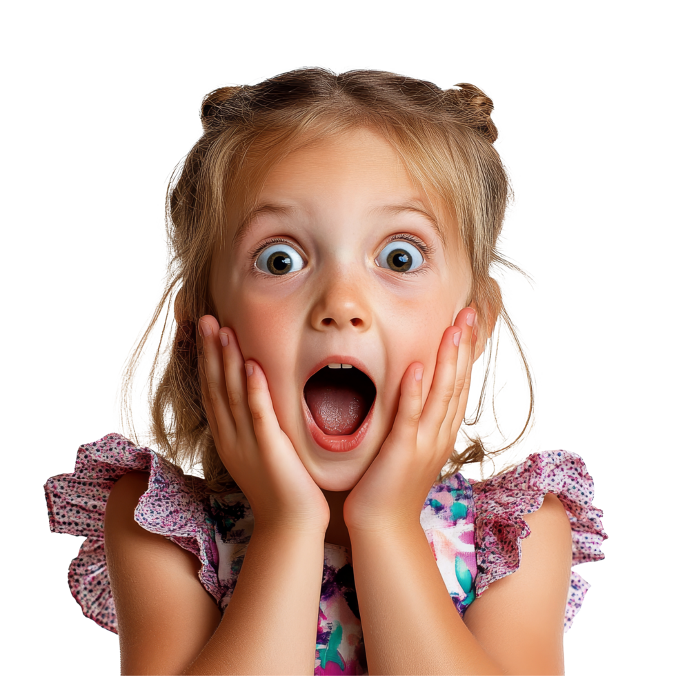 Surprised joyful girl with hands on her cheeks expressing excitement in a bright setting during daytime, surprised joyful girl kid, file of isolated object on transparent background png