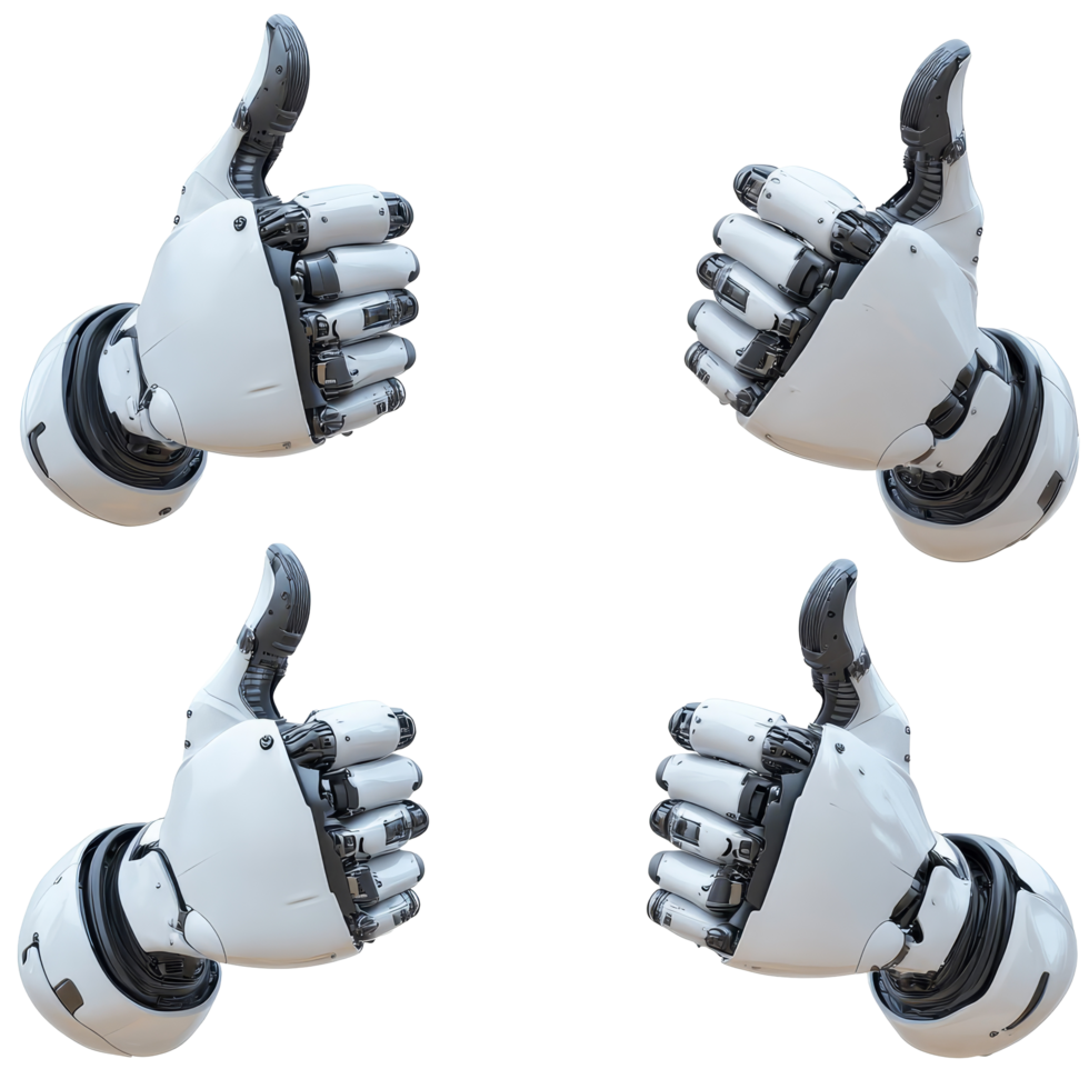 Futuristic robot hands giving thumbs up in a cybernetic setting conveying positivity and innovation, Set Robot Hands Giving Thumbs Up, Futuristic Cybernetic Gestures, Isolated on transparent png