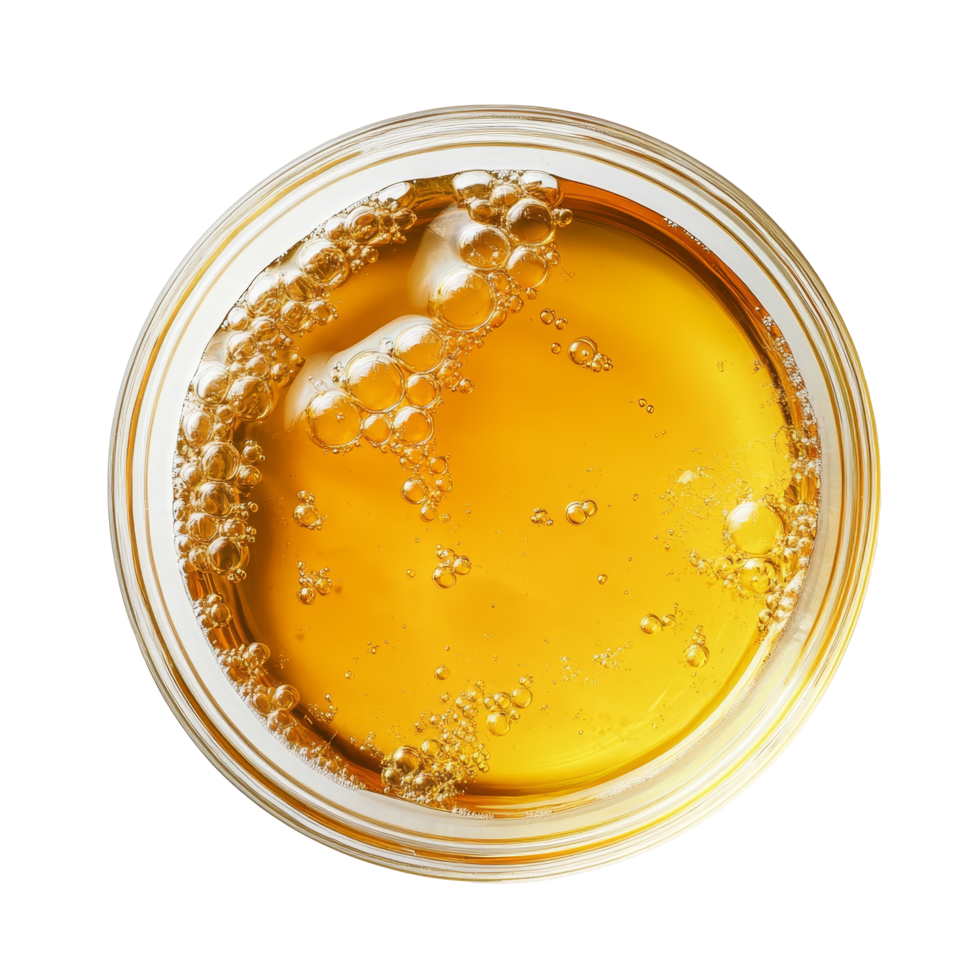 Liquid substance with bubbles in a petri dish on a transparent background in a lab setting for experiments, Liquid in petri dish over transparent background flat lay png
