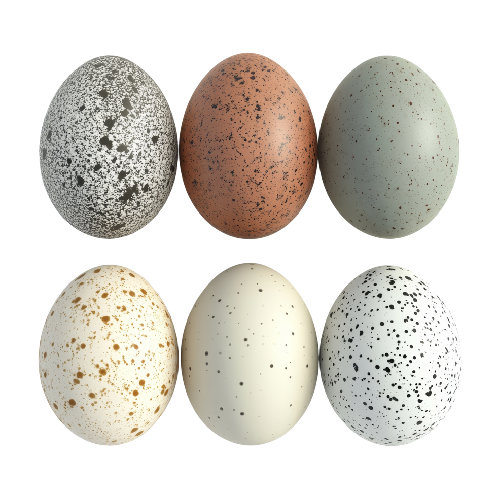 A collection of six eggs in various colors and patterns isolated on a transparent background for artistic display, Eggs isolated png