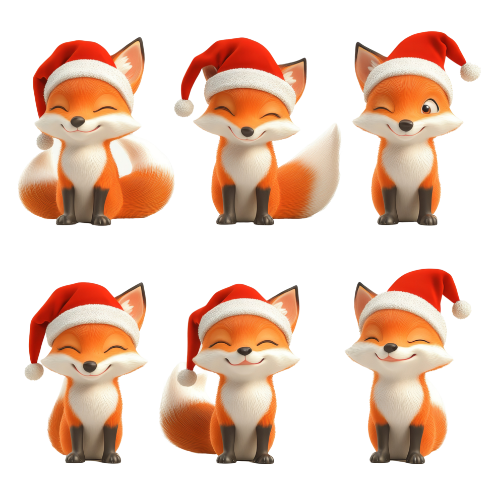 Cheerful cartoon foxes wearing Santa hats on a festive transparent background for holiday decoration, 3D Cartoon Fox Set in Santa Hats on transparent background png