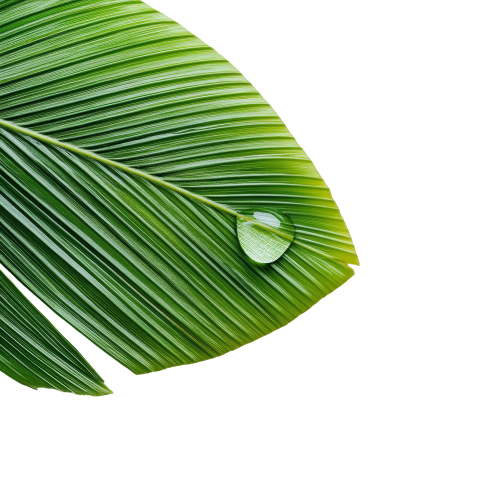 A single water drop rests on a vibrant green palm leaf against a clean transparent background, water drop on green leaf of palm tree on transparent backgroundfile png