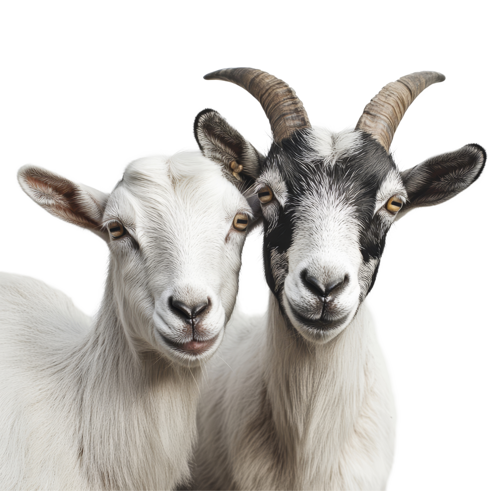 Two charming goats posing together on a clean transparent background in a lightfilled setting capturing their playful nature, Goats on transparent background png