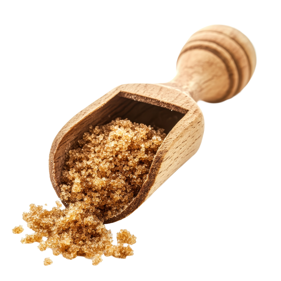 Brown sugar spilling from a wooden scoop on a bright transparent background, brown sugar in wood scoop isolated on transparent background png
