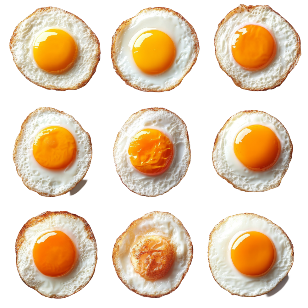 Fried eggs arranged in a grid pattern showcasing different textures and colors from various cooking techniques, Different angle of fried eggs isolated png
