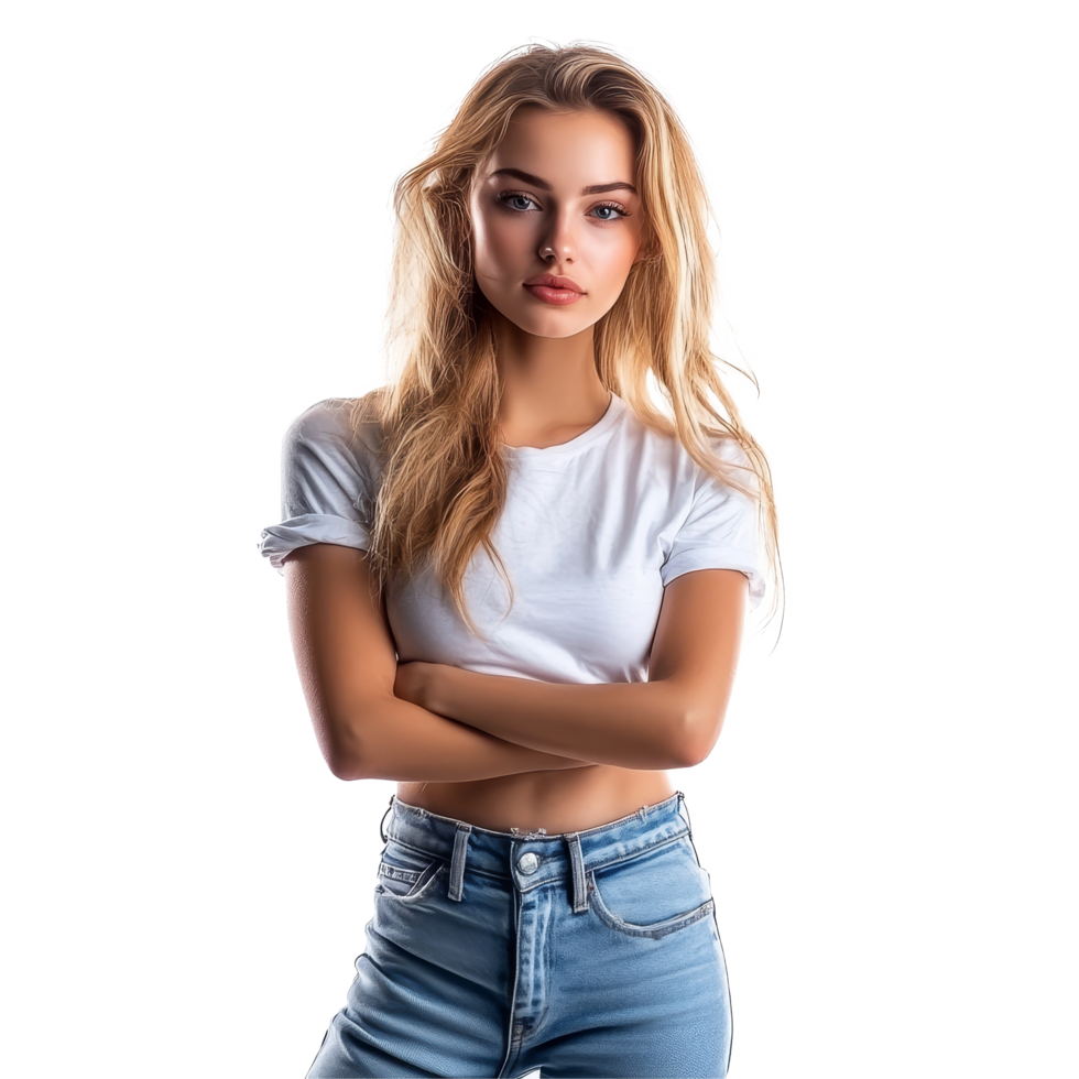 A young woman stands confidently in jeans and a transparent top against a bright transparent background, young pretty woman in jeans isolated on transparent background png