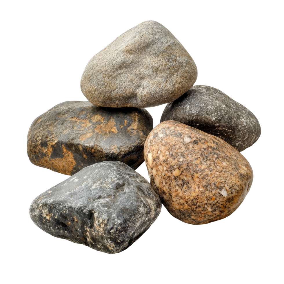 A collection of smooth stones arranged on a transparent background showcasing natural colors and textures of various rocks, Group Stones stocks isolated on transparent background png