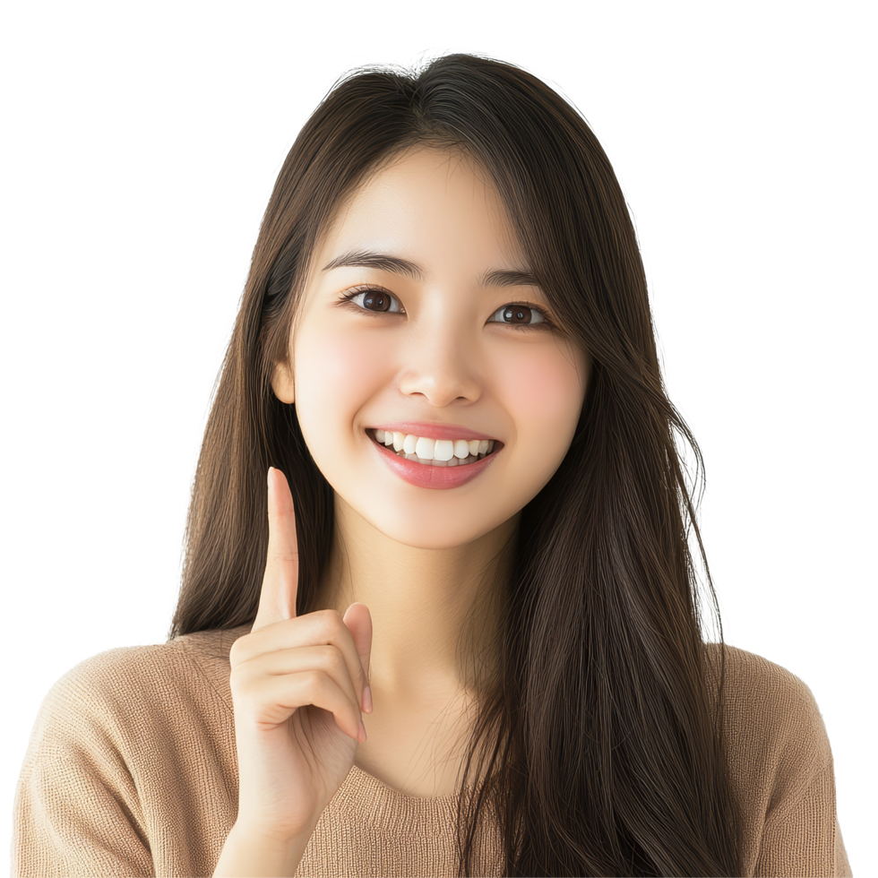 Young Asian woman smiling and pointing to her bright transparent teeth in a light, minimalistic setting, Young Asian woman pointing finger to her teeth transparent background png