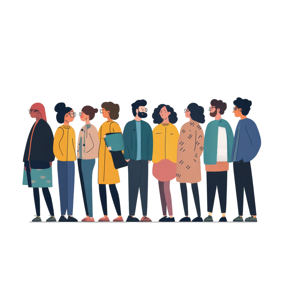 Diverse group of people standing in a row, patiently waiting in a bright space with natural lighting, Diverse people standing and waiting png