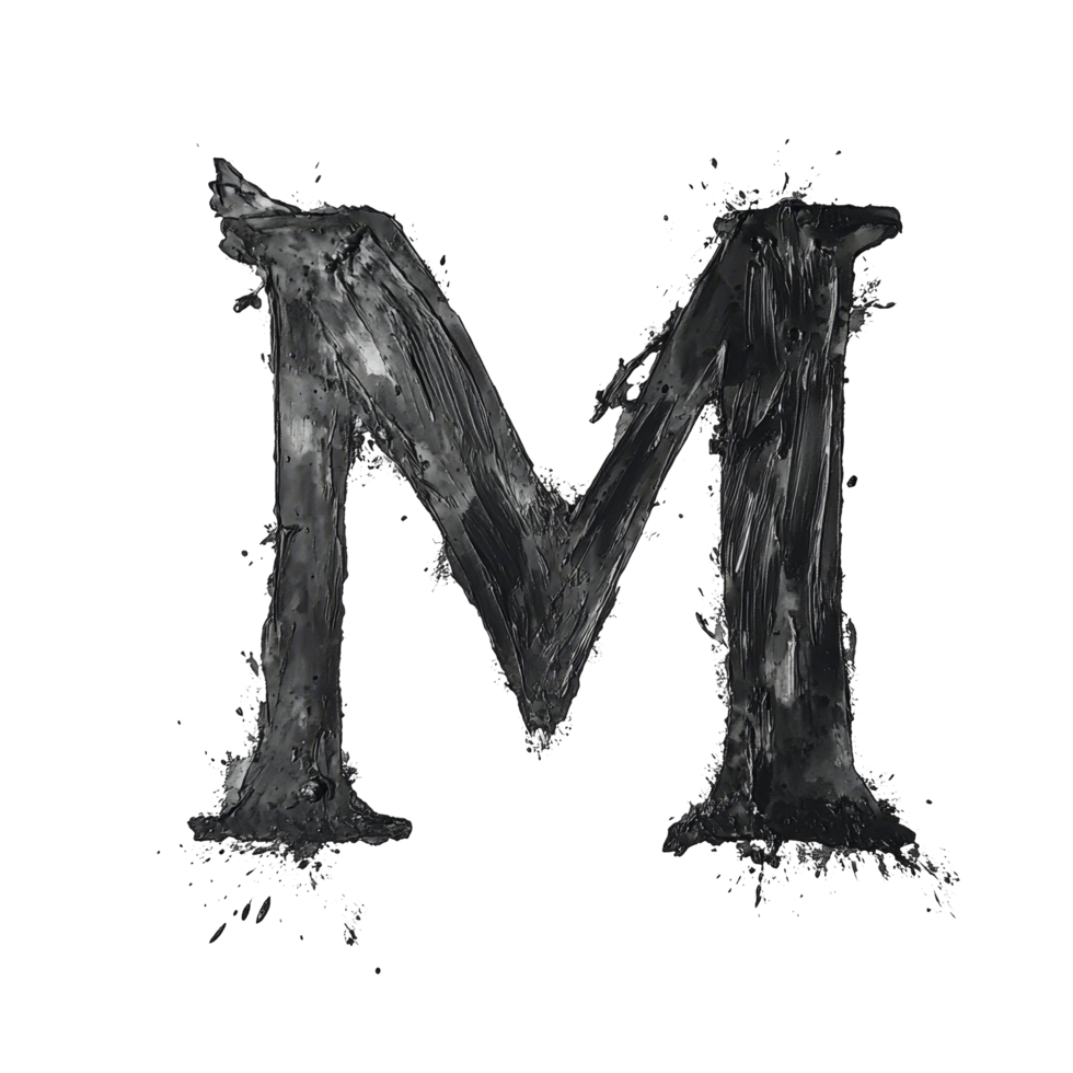 The letter M created with bold black strokes on a transparent background showcases artistic lettering techniques and creative expression, consonant letter m is used to make words on transparent png