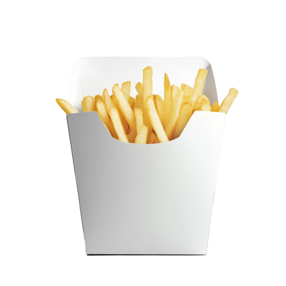 Freshly cooked French fries piled high in a plain transparent paper box on a minimalistic gray background, transparent paper box for french fries png