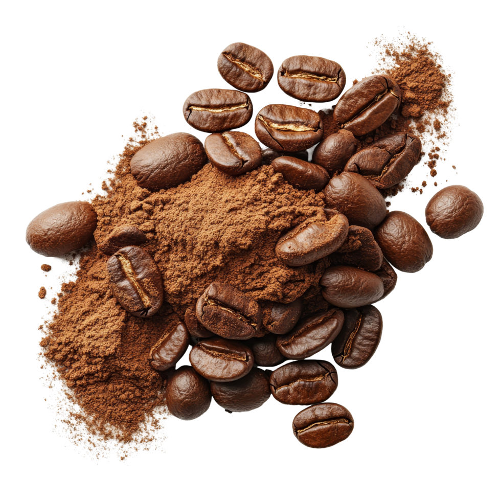 Fresh coffee beans and ground powder displayed on a clean transparent background for a coffee lovers delight, fresh coffee beans and powder isolated on transparent background png