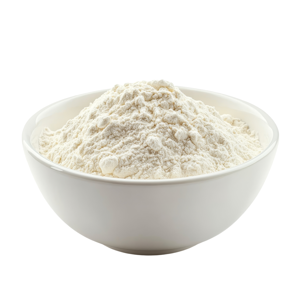 Flour heaped in a transparent bowl on a pristine transparent background, ideal for baking and cooking preparations, flour in transparent bowl isolated on transparent background png