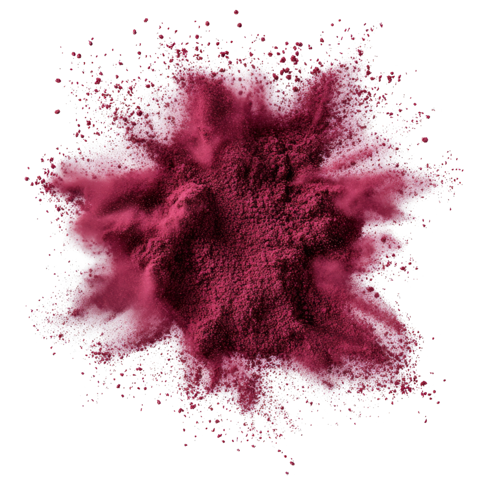 Maroon color powder explosion isolated on transparent background creating a dynamic and energetic display, maroon color powder pulver explosion isolated on transparent background png