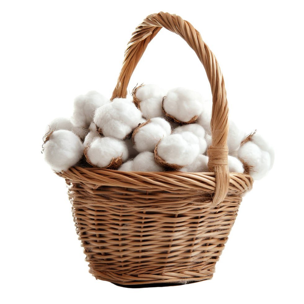 A woven basket filled with fluffy cotton balls on a bright transparent background creating a fresh and natural look in a minimalist setting, cotton in the basket on transparent background png