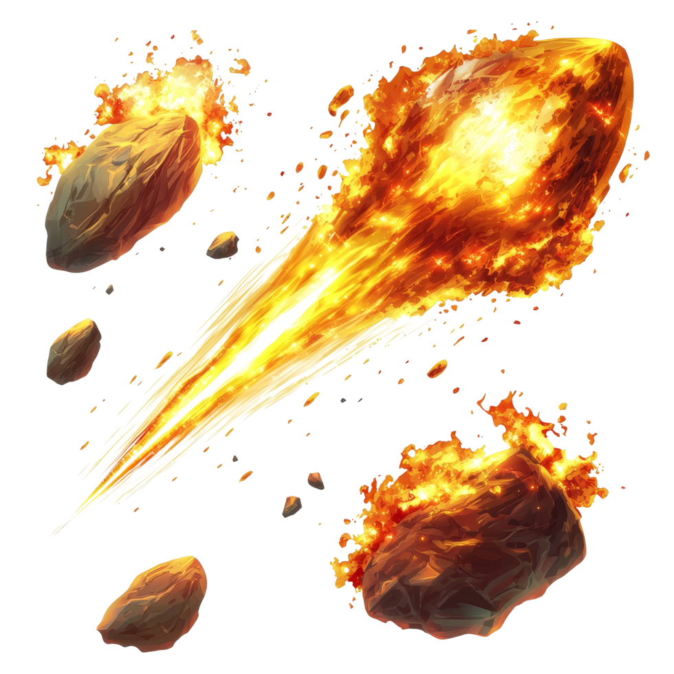 Fiery meteors streak through space, igniting burning rocks in a cosmic display of heat and motion, Set Fiery Meteors, Burning Space Rocks with Flames, Isolated on transparent background png