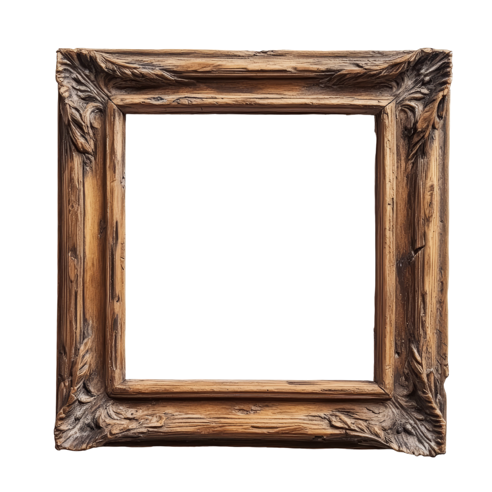 Wooden photo frame on a transparent background ready for artwork or a memorable photo display in a home or gallery setting, typical wooden frame on a transparent background png