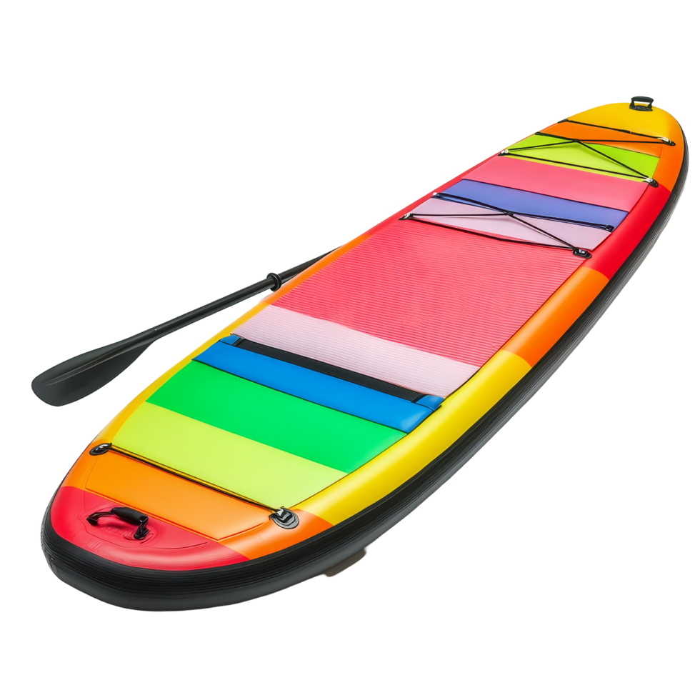 Vibrant paddle board with striped colors resting on a transparent background, showcasing the perfect design for water activities, Colorful paddle board isolated on transparent background png