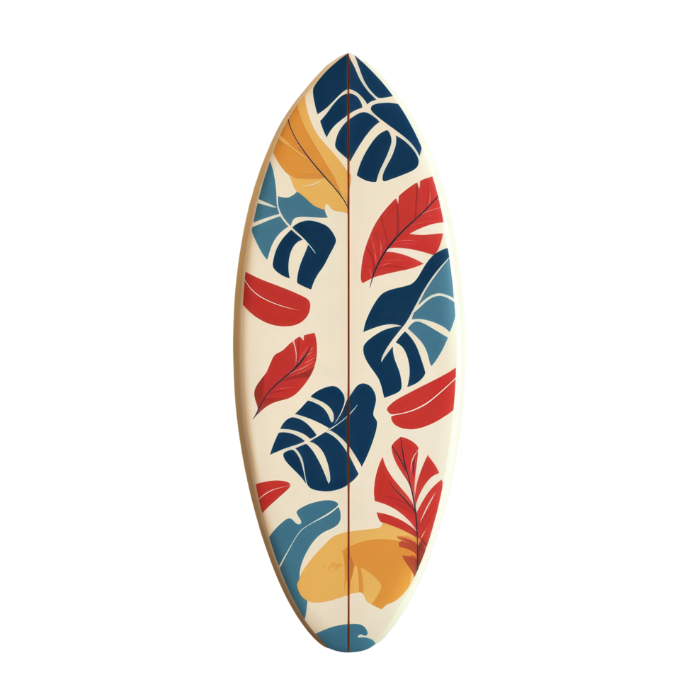 Retro surfboard with colorful leaf pattern against a transparent background, ready for summer beach adventures, surf board with retro pattern transparent background png
