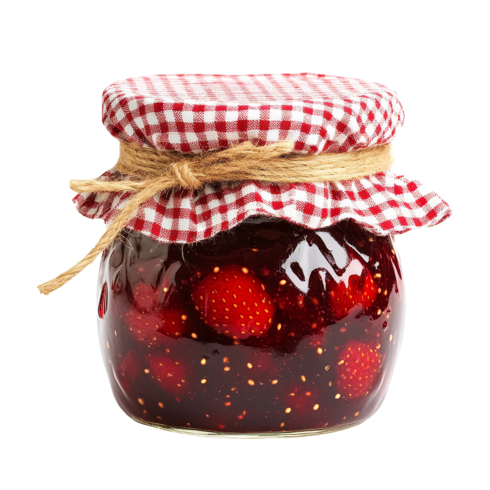 Homemade strawberry jam in a jar adorned with a gingham cloth and twine, perfect for summer treats and gifts, Jar of Homemade Strawberry Jam with Gingham Cloth Cover on transparent background png