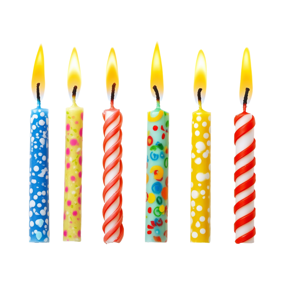 Colorful birthday candles in various designs arranged in a row on a transparent background, 123 numbers, digits candles. From zero, one to eight and nine isolated on transparent png
