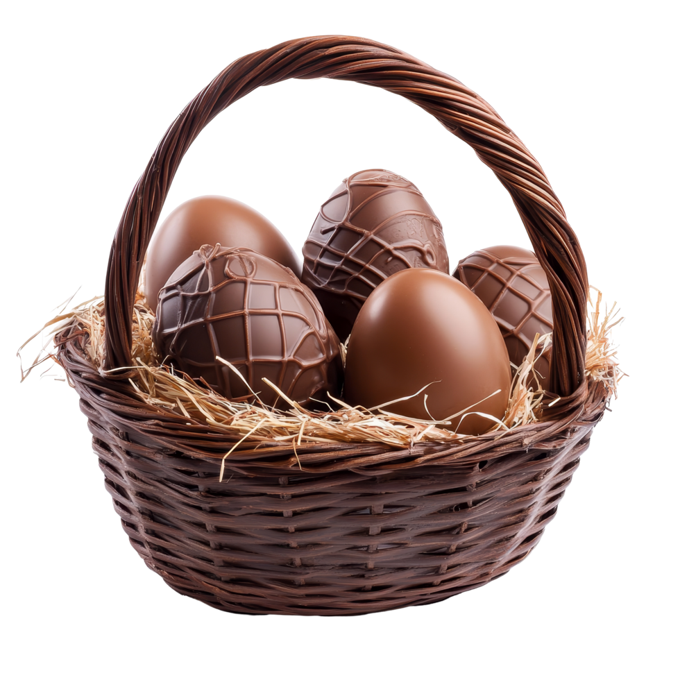 Chocolate Easter eggs arranged in a decorative basket on a transparent background for festive gifting, Chocolate easter egg gift in a basket on transparent background png