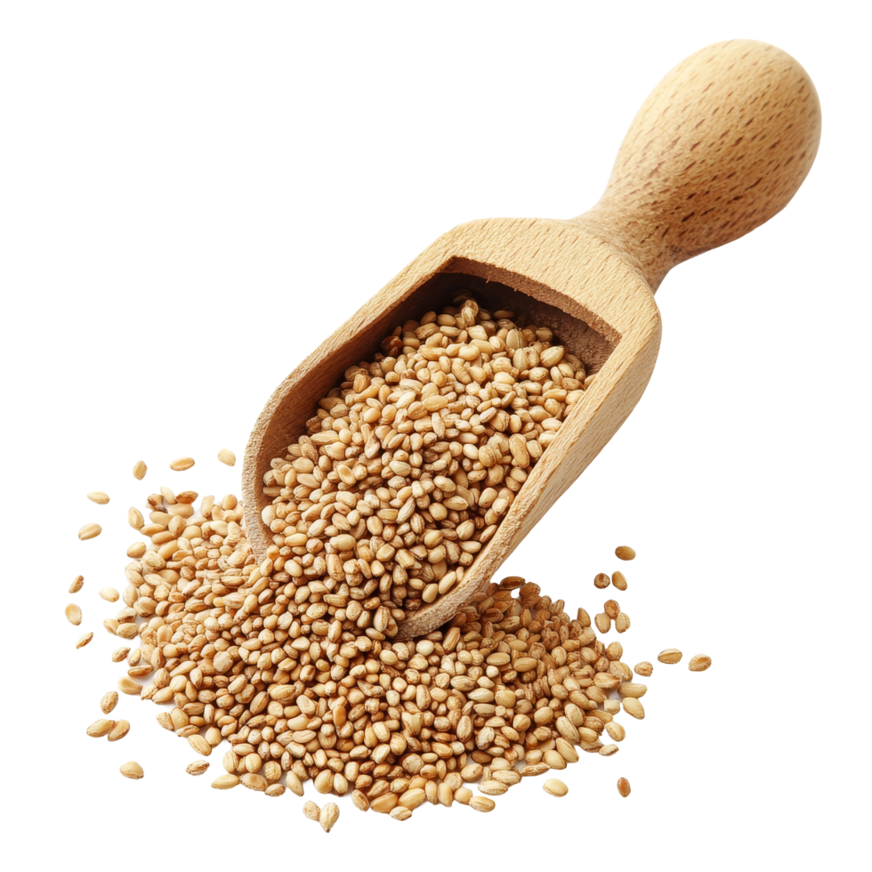 Sesame seeds in a wooden scoop on a clean transparent background ready for culinary use and healthy recipes, sesame in wood scoop on transparent background png