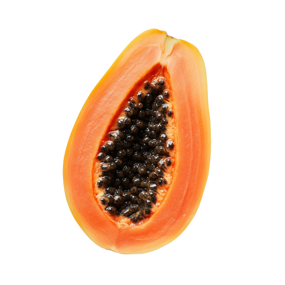 Ripe papaya slice displaying seeds on a clean transparent background, showcasing fresh tropical fruit appeal, slice ripe papaya with seed on transparent background png