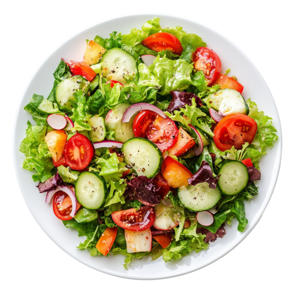 Fresh garden salad served on a transparent plate with vibrant vegetables prepared for a healthy meal, salad in plate isolated on transparent background png