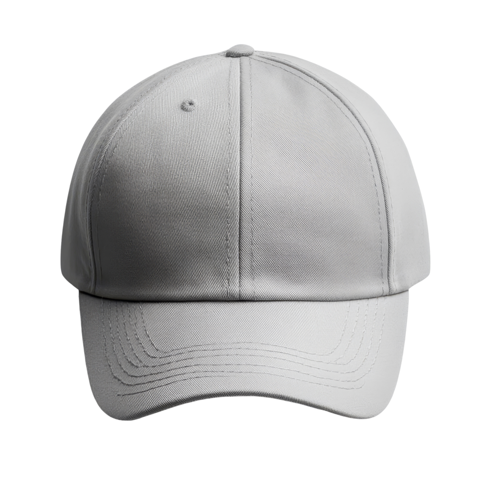 Front view mockup of a grey baseball cap suitable for various designs and presentations, grey baseball cap mockup front view, file of isolated object with shadow on transparent background png
