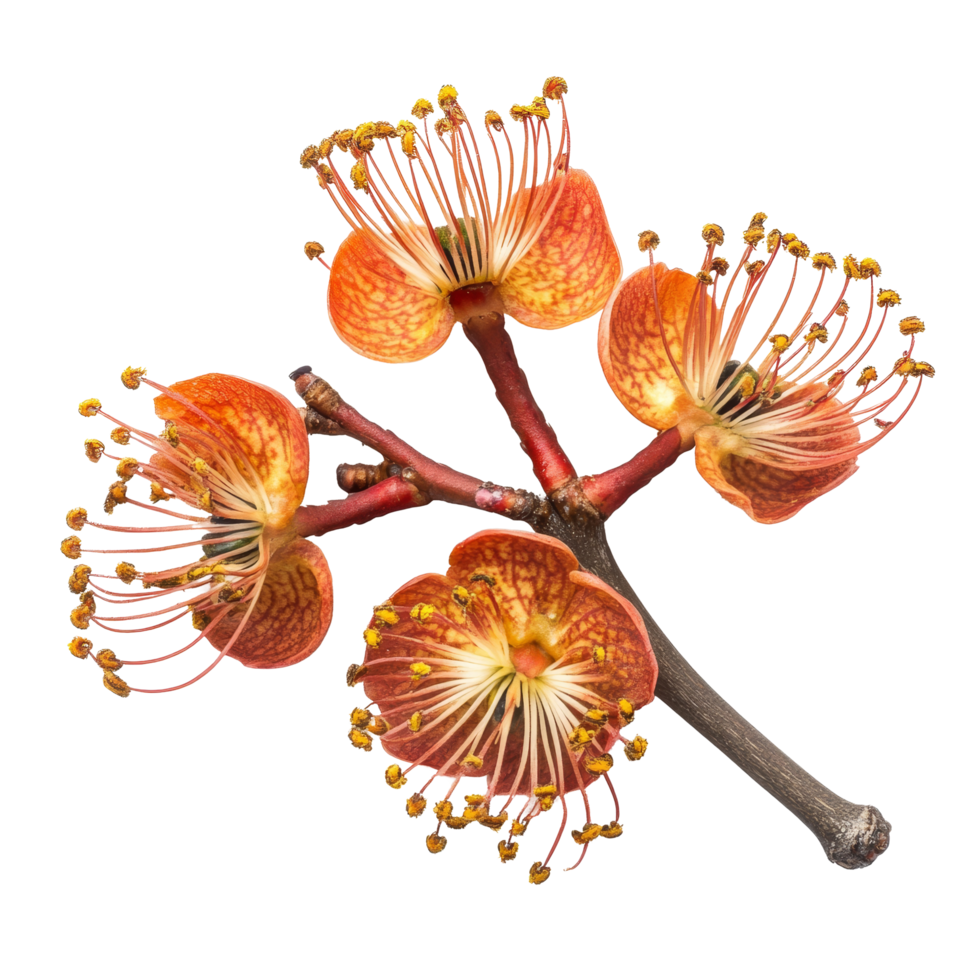 Dipterocarpus alatus flower displayed on a transparent background showcasing its unique structure and vibrant colors, Dipterocarpus Alatus Flower on transparent background png