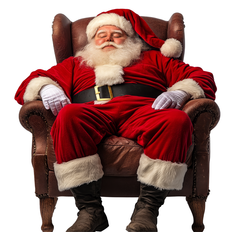 Santa Claus peacefully resting in a cozy armchair after a night of delivering gifts to children worldwide, Santa Claus Asleep in a Chair After His Busy Deliveries on transparent background png