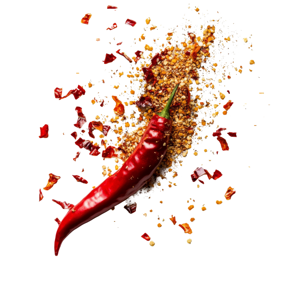vermelho Pimenta Pimenta cercado de estourando Pimenta flocos em uma limpar \ limpo superfície, criando uma vibrante culinária explosão, Pimenta flocos estourando Fora a partir de vermelho Pimenta Pimenta sobre transparente fundo png